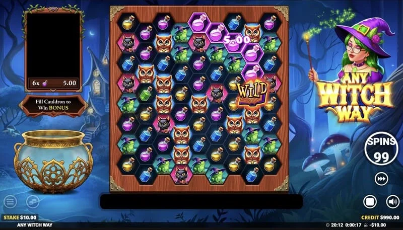 Any Witch Way - écran de jeu avec le chaudron et une grille 9×8